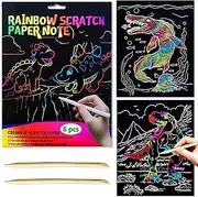 Scratch Pictures for Children, Scratch Paper Set, with 8 Sheets and Wooden Pens, Scratch Book Magic Scratch Paper Set with Colourful Gradient and Scratch Pen, Dinosaurs, Oceans