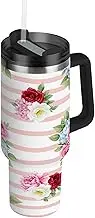 RPLIFE Bouquets Pink Tumbler with Handle, Stainless Steel 40 Oz Insulated Tumbler with Lid and Straw for Women Men Travel