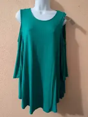 CHICO'S Sz 2 Women’s Top Cold Shoulder Green Stretch 3/4 Sleeve NWT Rayon L / 12