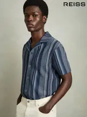 Reiss Navy Archer Aztec-Stripe Cuban-Collar Shirt (AR9584) | $180