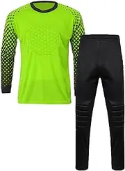 [DRHOM] Kids Boys Padded Goalkeeper Jersey and Pants Set Long Sleeves Goalie Soccer Shirt Training Uniform Activewear