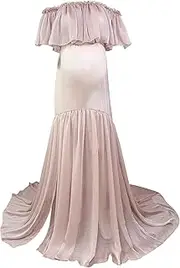 [D&J DON&JUDY] D&J Women's Off Shoulder Split Chiffon Maxi Beach Dress Wedding Party Photoshoot Photography Micro Pleated Fabric Clothes