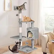 Cat Tree 112cm Multi-Level Cat Tower with Scratching Posts, Cat Condo Play House Wooden Furniture with Hanging Toy, Sisal-Covered Cat Scratcher Tower for Kittens Climbing and Rest, Light Grey
