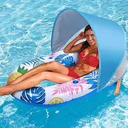 Hatisan Inflatable Pool Floats with Canopy and Cup Holder for Adult Teen Tanning Pool Lounger Floats Sun Tan Tub Raft Lounge Floatie for Swimming Pool Lake Beach Large Pool Float