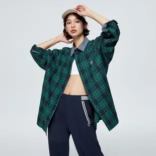 【GAP】男女同款 Logo純棉翻領長袖襯衫-綠色格子(877589)