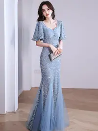 在飛比找樂天市場購物網優惠-年會晚禮服洋裝連身裙 晚禮服女2023新款藍色輕奢小眾高端宴