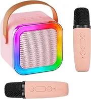 Portable Mini Karaoke Machine with 2 Wireless Microphone Blue Tooth Music Glitter Speaker Funny Gifts for Kids Singing Toys （Pink）