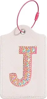 [BestEioyo] Initial Luggage Tag for Suitcase, Crystal Letter Unique Leather Bag Tags Identifiers Privacy Cover ID Label with Durable Steel Loop for Women Men Kids Girls Travel, Letter J