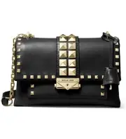 Michael Kors Cece Shoulder Bag Medium Chain Black Leather Gold Hardware