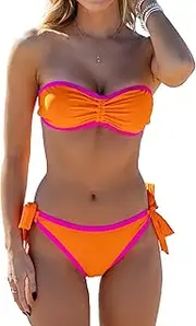 [Beachsissi] Women's Bandeau Color Block Cute Two Pieces Bikini Sets, Orange, Large