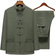 [vkvk] Men s Kung Fu Uniform Clothing Chinese Embroidery Tang Suit Cloths Cotton Linen Wu Shu Tai Chi Suit Long Sleeve Shirt & Long Pant