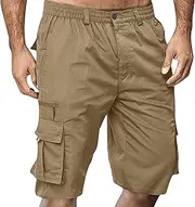 [JEShifangjiusu] Mens Classic Drawstring Shorts with Pockets Elastic Waist Cargo Straight Pants Wide Leg Short Pants, Khaki B1, M
