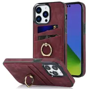 For iPhone 15 Pro Max Card Slots Phone Case Ring Kickstand PU Leather Coated TPU Retro Phone Cover