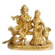 Brass Radha Krishna Bhagwan Murti Sitting on Sofa Kishan Kanhaiya with Flute