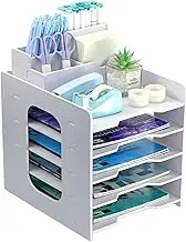 Wooden Letter Tray for Office, Document Tray with Pen Holder, 5-Tier Desk Organiser, Wood, Paper Tray, White, Storage Compartments, Stackable, Letter Drawer, Office Organiser for Office School