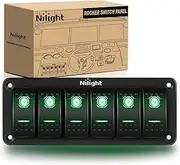 Nilight 6 Gang Rocker Switch Panel 5Pin On Off Toggle Switch Aluminum Holder 12V 24V Dash Pre-Wired Green Backlit Switches for Automotive Cars Marine Boats RVs Truck