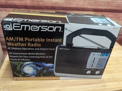 Emerson Portable Instant Weather AM/FM Radio Plug-In / Battery RP6251 Clock NIB