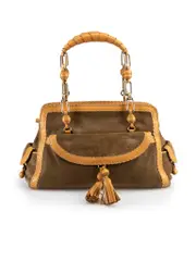 Brown Suede Leather Wide Stitch Tassels Shoulder Bag