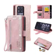 Wallet Case Leather Pockets Flip Cover Protective Phone Case for iPhone 15 Series-Pink
