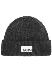 Ganni Fitted Ribbed Wool-blend Beanie - Dark Grey One Size