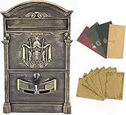 Outdoor Mailbox Retro Vintage European Aluminum Wall Mounted Mail Box Post Box Secure Letterbox Outside Mailboxes with8pcs Retro Writing Stationery Paper and4pcs Envelopes/12(Brown)