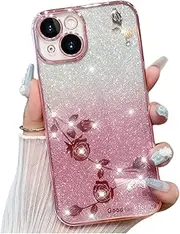[GHMONKEY] Gradient Glitter Rose Flower Phone Case for Samsung Galaxy A73 A53 A33 A32 A42 A52 A82 5G Soft Silicone Shiny Shell Precise Hole Lens Protection Bling Back Cover(Pink,A82 5G)