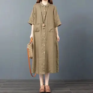 日系 棉麻襯衫裙 大尺碼女裝寬鬆素色棉麻長版款POLO長裙 洋氣亞麻洋裝