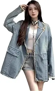 [Generic] Women Blue Denim Suit Jacket Spring Loose Long Sleeve Female Coat Casual Blazer Tops