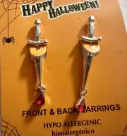 Halloween Front/Back Huggie Silver DAGGER Rhinestone BLOOD DROP Dangle Earrings
