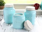 Sparrow Decor Mason Jar Kitchen Canister Set - Set of 3 Kitchen Canisters - Large, Round Ceramic Sets for Vintage, Rustic, or Farmhouse Look - Storage for Flour, Sugar, Tea, Coffee and More (Blue)