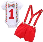[IBTOM CASTLE] Baby Boy First Birthday Bunting Flag Outfit Bow Tie Bodysuit Shorts Y-back Suspenders Photo Shoot Clothes Set