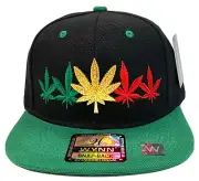 Weed Leaves Flat Bill Snap Back Ball Cap Black & Green Gold Metal, Green & Red