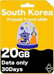 South Korea Prepaid eSIM - SK Telecom Network, 20GB High-Speed Data, Unlimited Data at 128kbps, Data-Only (20GB (30 Days))