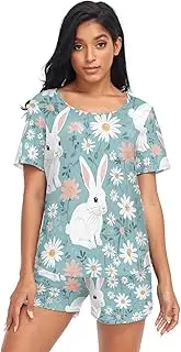 [RPLIFE] Cute White Rabbits and Daisies Woman Pajama Set, Matching Lounge Set Women, Cute White Rabbits and Daisies, Medium