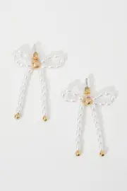 White Faux Pearl Bow Drop Earrings - Size ONE, Women's Ring
