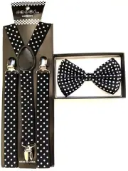 New Black White POLKA DOT SUSPENDERS BOW TIE COMBO SET Adjustable US SELLER