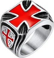 [FaithHeart] Mens Stainless Steel Crusader Jerusalem Cross Ring with 18K Gold Plated Two Tone Ring Size 7,8,9,10,11,12