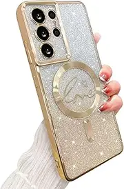 [ZONRW] for Samsung Galaxy S21 Ultra Case Magnetic,for Women Girl Soft Cute Luxury Love Heart Plating Bling Gradient Glitter Clear Phone Case Compatible with MagSafe Shockproof Back Cover 6.8”-Gold