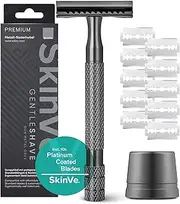 SkinVe® Premium Safety Razor with Stand in Anthracite Including 10 Razor Blades I Zero Waste Wet Razor for Men and Women I Safety Razor with 2-Sided Blade Head I Plastic-Free