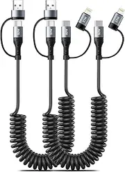Miger Coiled Lightning Cable [2Pack 4FT] 4 in 1 Multi Charging Cable 60W Fast Charging Retractable Charger Cord for iPhone 15/14/13/12/11 Pro Max/XS MAX/XR/XS/X/8/7/6 Plus/iPad/AirPods/MacBook/CarPlay