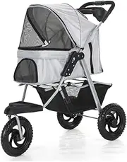 3 Wheels Dog Strollers for Small Medium Dogs, Pet Dog Stroller with Cup Holder, Foldable Pet Travel Stroller Carrier for Dogs or 2 Cats, Breathable Dog Pram Pushchair(Gray a)