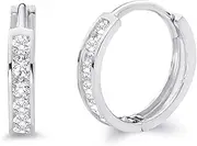[The World Jewelry Center] 14k REAL White Gold 2mm Thickness CZ Channel Set Hoop Huggie Earrings - 3 Differnet Size Available