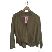 Young Fabulous & Broke Twisted Front Button Down Top XS NWT Tan Linen Blend