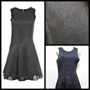$128 AQUA Black Mesh Textured Sleeveless Fit Flare Little Black Dress ~ L M3020
