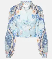 [Camilla] Camilla Floral cropped linen wrap top AU 16 blue