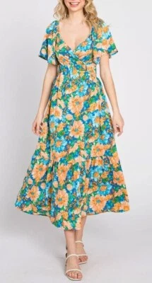 LUSH Floral Wrap Front Smocked Back Midi Dress Stretch Flutter Sleeve Women L
