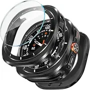 LETOID 3 in 1 Metal Case for Samsung Galaxy Watch Ultra Screen Protector 47mm, Stainless Steel Protective Bumper Face, Hard PC Back Cover and 9H Tempered Glass Film for Watch 7 Ultra - Black/White