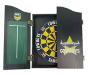 49653 NORTH QUEENSLAND COWBOYS NRL DART BOARD IN TIMBER CABINET W/SCORING BOARD