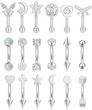 [Tornito] 18Pcs Eyebrow Piercing Jewelry 16G Surgical Steel Curved Barbell Eyebrow Rings Butterfly Moon Vertical Labret Monroe Lip Belly Button Rook Daith Tragus Earrings for Women Men Gold Silver 10mm