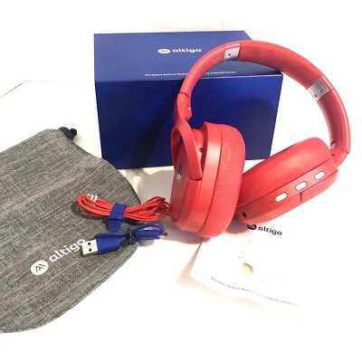 Altigo Wireless Bluetooth Active Noise Cancelling Over Ear Headphones, Red NEW